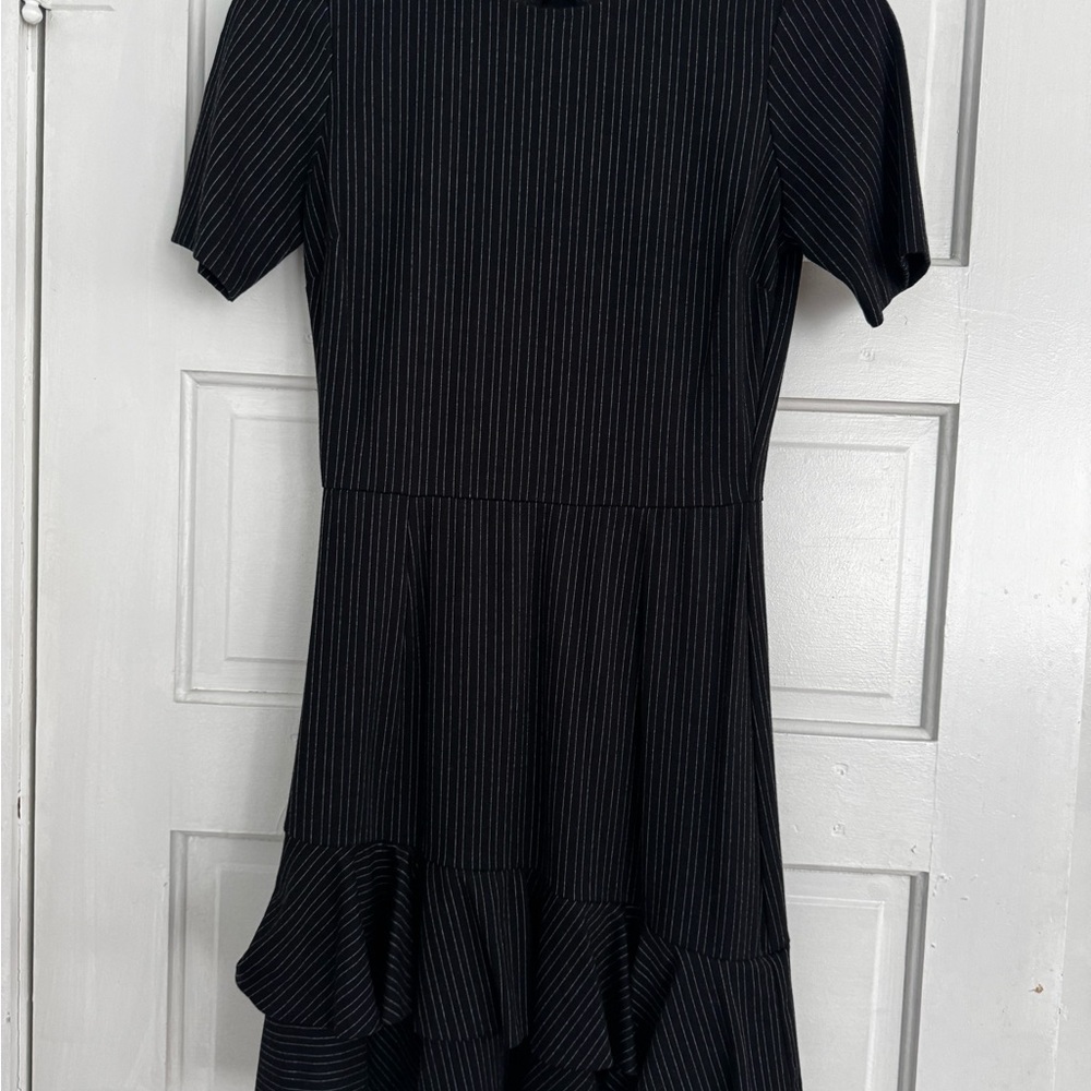 BLACK- Pinstripe Ruffle Dress -M